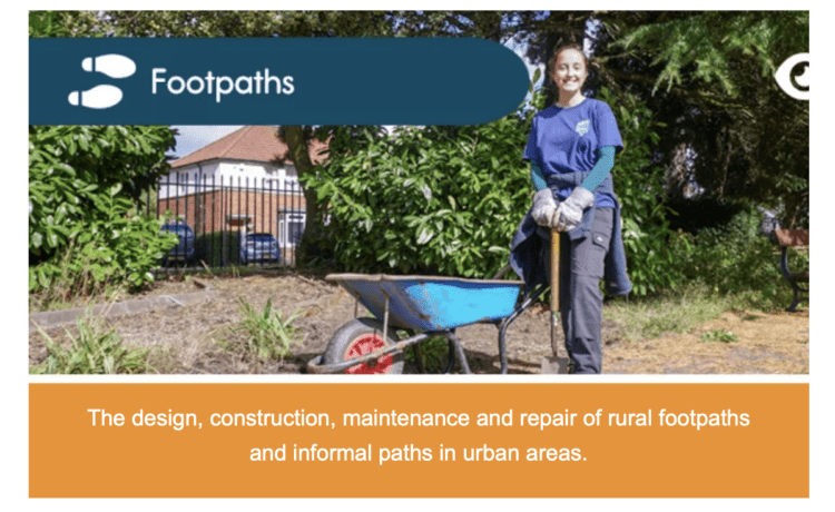 A secreenshot showing a person smiling and stood next to a wheelbarrow. Text says "Footpaths and The design, construction, maintenance and repair of rural footpaths and informal paths in urban areas."